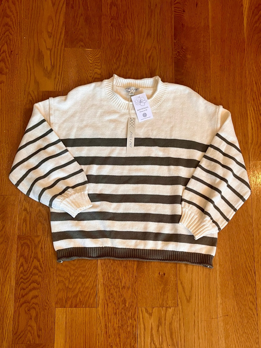 She + Sky Cream and Green Striped Women’s Crewneck Sweater